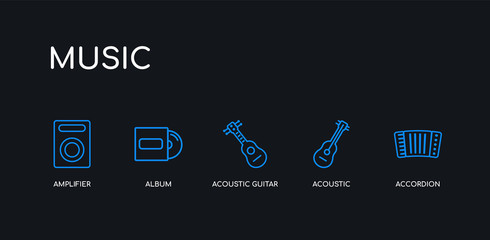 5 outline stroke blue accordion, acoustic, acoustic guitar, album, amplifier icons from music collection on black background. line editable linear thin icons.