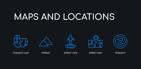 5 outline stroke blue straight, street map, street view, terrain, thematic map icons from maps and locations collection on black background. line editable linear thin icons.