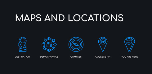 5 outline stroke blue you are here, college pin, compass, demographics, destination icons from maps and locations collection on black background. line editable linear thin icons.