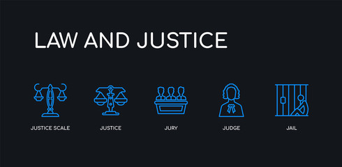 5 outline stroke blue jail, judge, jury, justice, justice scale icons from law and justice collection on black background. line editable linear thin icons.