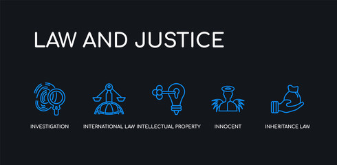5 outline stroke blue inheritance law, innocent, intellectual property, international law, investigation icons from law and justice collection on black background. line editable linear thin icons.