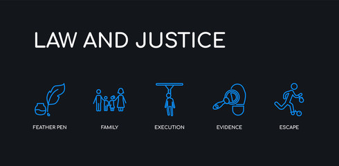 5 outline stroke blue escape, evidence, execution, family, feather pen icons from law and justice collection on black background. line editable linear thin icons.