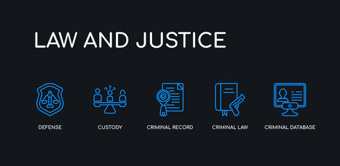 Fototapeta premium 5 outline stroke blue criminal database, criminal law, criminal record, custody, defense icons from law and justice collection on black background. line editable linear thin icons.