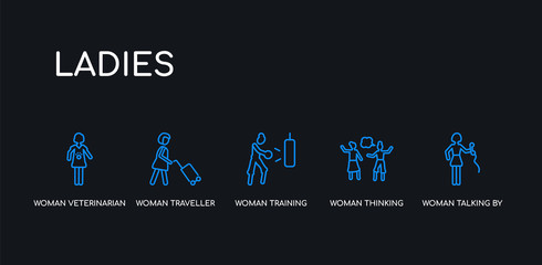 5 outline stroke blue woman talking by phone, woman thinking, woman training, traveller, veterinarian icons from ladies collection on black background. line editable linear thin icons.