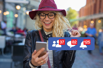 Woman excited about getting attention on social media - obrazy, fototapety, plakaty