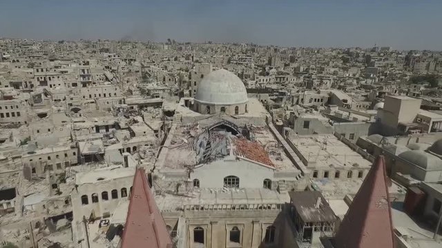 Syria, Aleppo. Flight of the drone near the Christian temple (Aleppo citadel district)