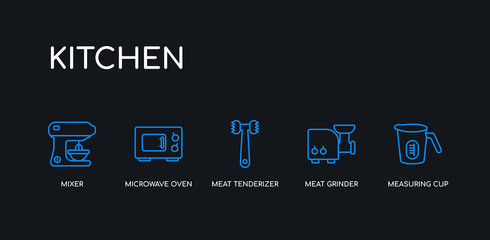 5 outline stroke blue measuring cup, meat grinder, meat tenderizer, microwave oven, mixer icons from kitchen collection on black background. line editable linear thin icons.
