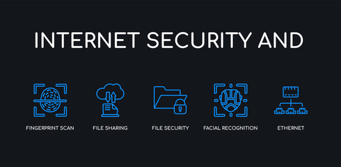 Fototapeta premium 5 outline stroke blue ethernet, facial recognition, file security, file sharing, fingerprint scan icons from internet security and collection on black background. line editable linear thin icons.