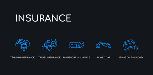 5 outline stroke blue stone on the road, towed car, transport insurance, travel insurance, tsunami insurance icons from collection on black background. line editable linear thin icons.