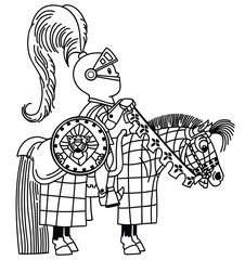 cartoon medieval knight horseman in armor .  Little boy a horse rider sitting on his pony horseback . Coloring page for little kids. Outline vector illustration 