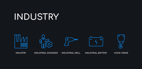 5 outline stroke blue hook crane, industrial battery, industrial drill, industrial engineer, industry icons from industry collection on black background. line editable linear thin icons.