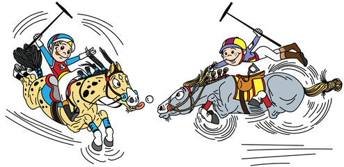 Two little boys on horseback playing a game of polo . Cartoon players and pony horses. Funny equestrian sport. Vector illustration