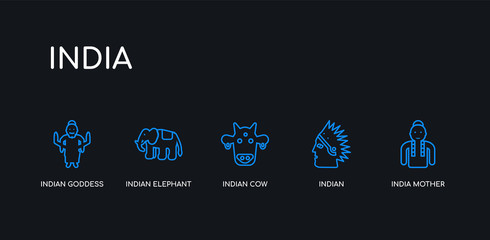 5 outline stroke blue india mother, indian, indian cow, indian elephant, goddess icons from india collection on black background. line editable linear thin icons.