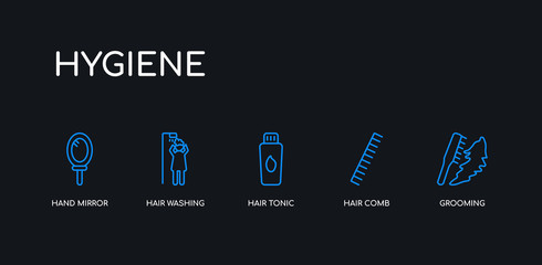 5 outline stroke blue grooming, hair comb, hair tonic, hair washing, hand mirror icons from hygiene collection on black background. line editable linear thin icons.