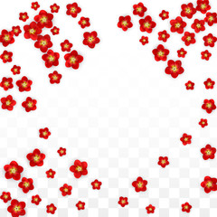Vector Realistic Red Flowers Falling on Transparent Background.  Spring Romantic Flowers Illustration. Flying Asian Rose Spa Design. Blossom Confetti. Design Elements for Wedding Decoration.