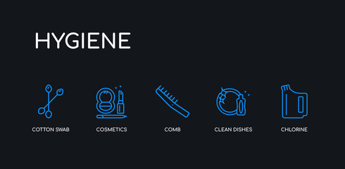 5 outline stroke blue chlorine, clean dishes, comb, cosmetics, cotton swab icons from hygiene collection on black background. line editable linear thin icons.