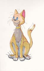 Hand drawn illustration The happy Cat pen markers 