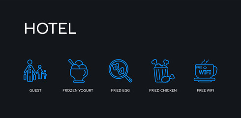 5 outline stroke blue free wifi, fried chicken, fried egg, frozen yogurt, guest icons from hotel collection on black background. line editable linear thin icons.