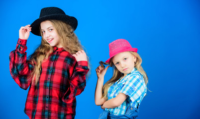 Following sister in everything. Girls kids wear fashionable hats. Small fashionista. Cool cutie fashionable outfit. Happy childhood. Kids fashion concept. Check out our fashion style. Fashion trend