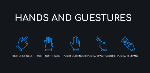 5 outline stroke blue push and expand gesture, push and wait gesture, push four fingers, four fingers and move gesture, one finger twist back icons from hands guestures collection on black