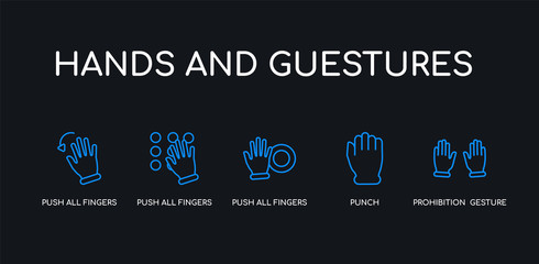 Obraz premium 5 outline stroke blue prohibition gesture, punch, push all fingers to expand, push all fingers to slide and expand, push all fingers to twist left icons from hands and guestures collection on black
