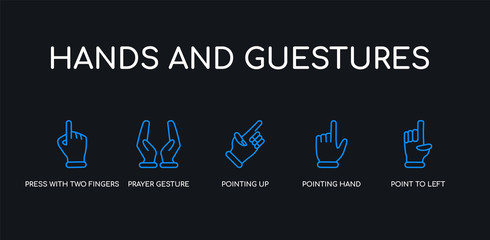 5 outline stroke blue point to left, pointing hand, pointing up, prayer gesture, press with two fingers icons from hands and guestures collection on black background. line editable linear thin