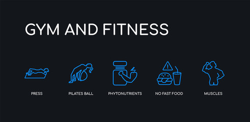 5 outline stroke blue muscles, no fast food, phytonutrients, pilates ball, press icons from gym and fitness collection on black background. line editable linear thin icons.