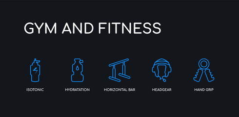 5 outline stroke blue hand grip, headgear, horizontal bar, hydratation, isotonic icons from gym and fitness collection on black background. line editable linear thin icons.