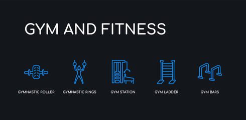 5 outline stroke blue gym bars, gym ladder, gym station, gymnastic rings, gymnastic roller icons from and fitness collection on black background. line editable linear thin icons.