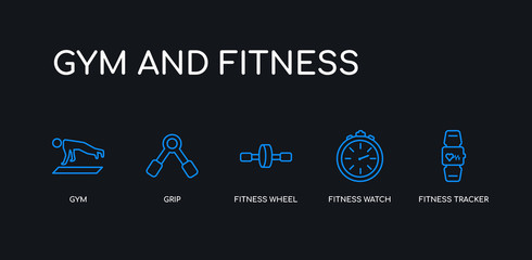 5 outline stroke blue fitness tracker, fitness watch, fitness wheel, grip, gym icons from gym and collection on black background. line editable linear thin icons.
