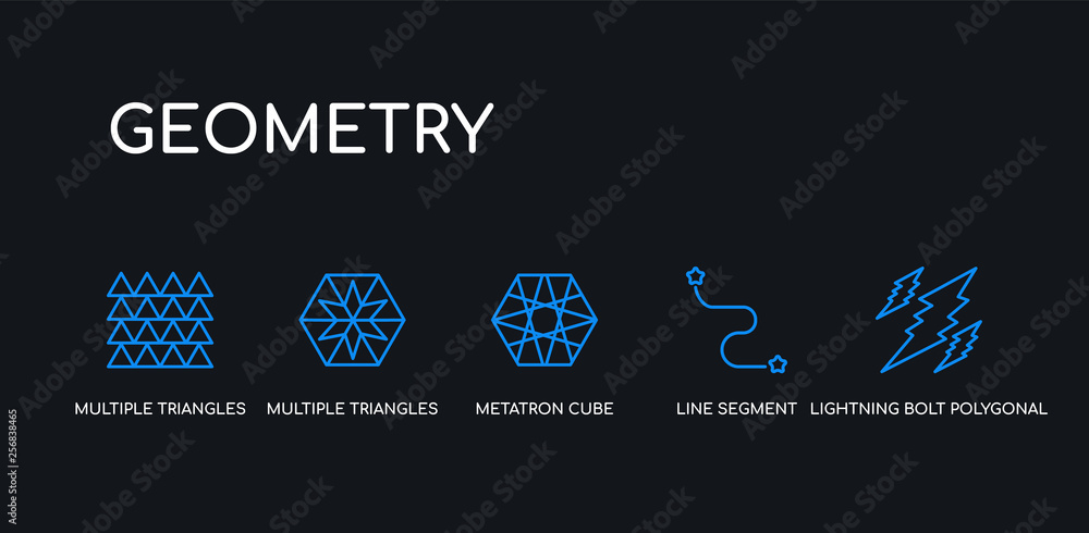 Poster 5 outline stroke blue lightning bolt polygonal, line segment, metatron cube, multiple triangles insi