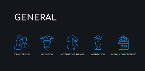 Fototapeta premium 5 outline stroke blue initial coin offering, inspiration, internet of things, invention, job interview icons from general collection on black background. line editable linear thin icons.