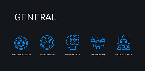 5 outline stroke blue hr solutions, hr strategy, imagination, impeachment, implementation icons from general collection on black background. line editable linear thin icons.