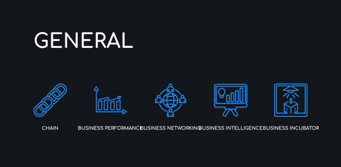 5 outline stroke blue business incubator, business intelligence, business networking, performance, chain icons from general collection on black background. line editable linear thin icons.