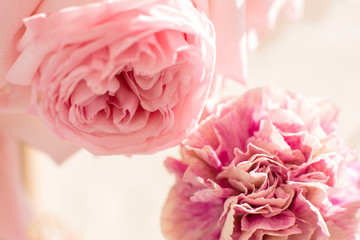 closeup bouquet of fresh carnation and rose. Event decoration with fresh flowers