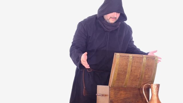 old times man find a godsend in a chest white screen dolly shot