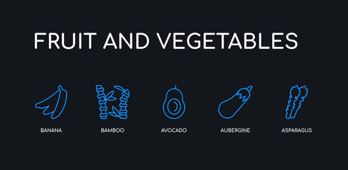 5 outline stroke blue asparagus, aubergine, avocado, bamboo, banana icons from fruit and vegetables collection on black background. line editable linear thin icons.