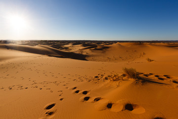 Fototapeta na wymiar Amazing view of the great sand dunes in the Sahara Desert, Erg Chebbi, Merzouga, Morocco.