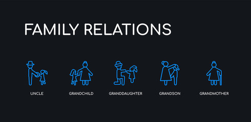 5 outline stroke blue grandmother, grandson, granddaughter, grandchild, uncle icons from family relations collection on black background. line editable linear thin icons.