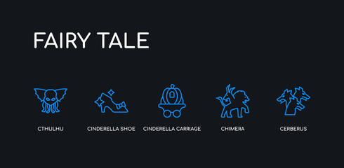 5 outline stroke blue cerberus, chimera, cinderella carriage, cinderella shoe, cthulhu icons from fairy tale collection on black background. line editable linear thin icons.