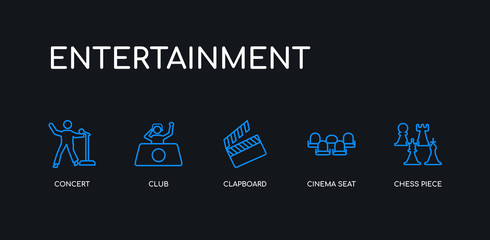 5 outline stroke blue chess piece, cinema seat, clapboard, club, concert icons from entertainment collection on black background. line editable linear thin icons.