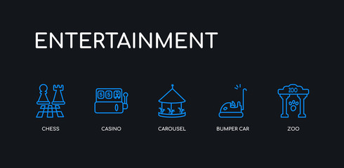 5 outline stroke blue zoo, bumper car, carousel, casino, chess icons from entertainment collection on black background. line editable linear thin icons.