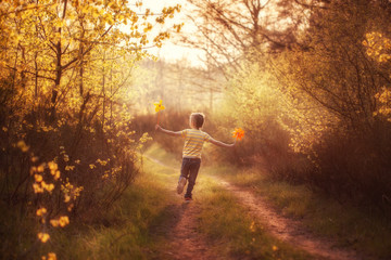 Little boy running and holding windmill in hands on the sunset summer.