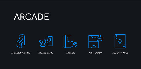 5 outline stroke blue ace of spades, air hockey, arcade, arcade game, arcade machine icons from collection on black background. line editable linear thin icons.