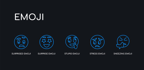 5 outline stroke blue sneezing emoji, stress emoji, stupid emoji, surprise surprised icons from collection on black background. line editable linear thin icons.