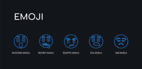 5 outline stroke blue sad emoji, sca emoji, sceptic emoji, secret shocked icons from collection on black background. line editable linear thin icons.