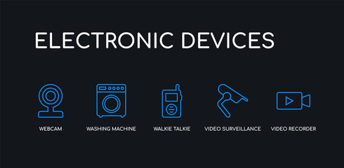 5 outline stroke blue video recorder, video surveillance, walkie talkie, washing machine, webcam icons from electronic devices collection on black background. line editable linear thin icons.