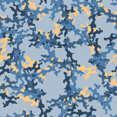 Urban UFO camouflage of various shades of blue and orange colors
