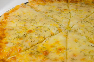A cheese pizza on white background