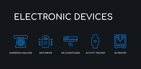 5 outline stroke blue 3d printer, activity tracker, air conditioner, air purifier, answering machine icons from electronic devices collection on black background. line editable linear thin icons.